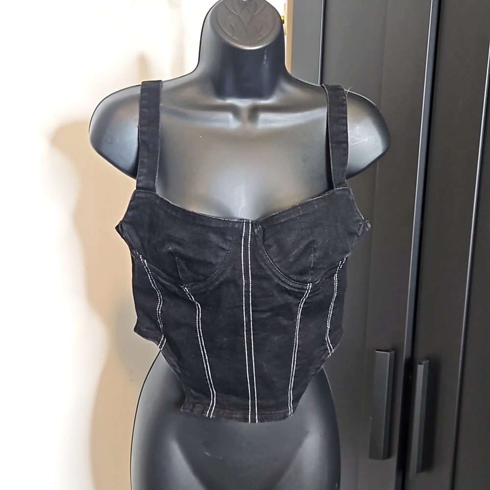 Zara Denim Crop Top Black/white Size Large